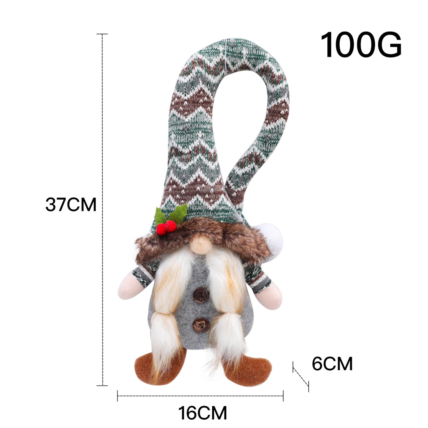 Gnome curtain tieback doll with patterned knit hat; 100g and 6cm shown