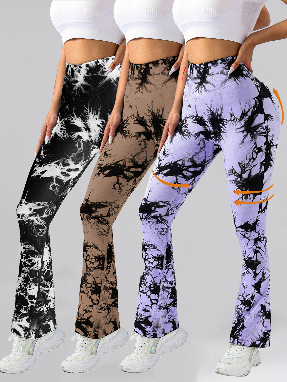 Tie-dye seamless high-waisted leggings, 3-pack in black/white, tan/black, and purple/black
