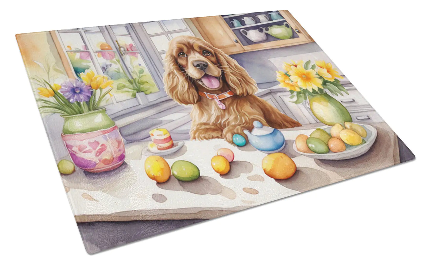 Decorating Easter Cocker Spaniel Glass Cutting Board