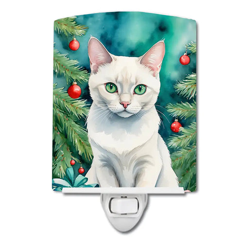 Foreign White Cat By the Christmas Tree Ceramic Night Light