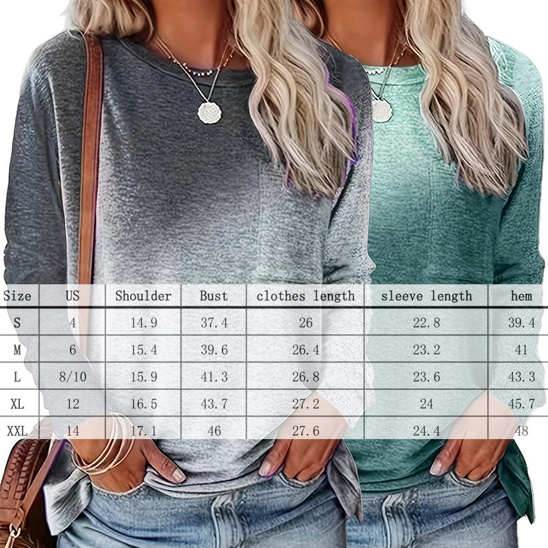 Women's 2Pack Tops Casual Gradient Color Round Neck Long Sleeve T Shirt Blouse