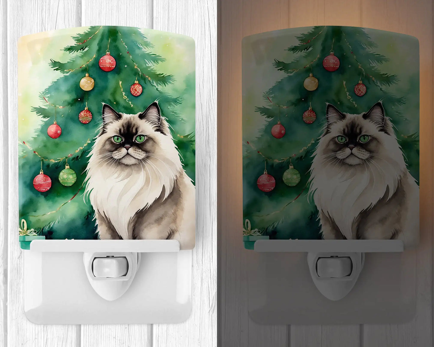 Colorpoint Longhair Cat By the Christmas Tree Ceramic Night Light