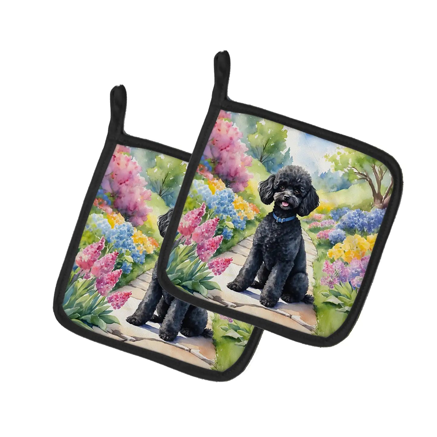 Black Poodle Spring Path Pair of Pot Holders