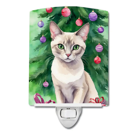 Thai Lilac Cat By the Christmas Tree Ceramic Night Light