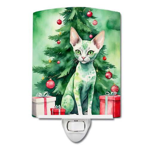 Devon Rex Cat By the Christmas Tree Ceramic Night Light