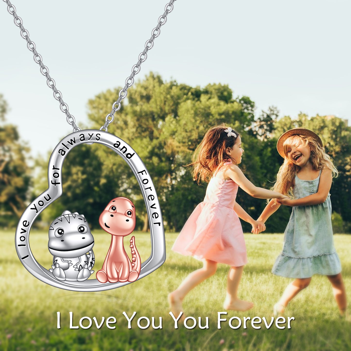Necklace 925 Sterling Silver Cute Dinosaur Pendant Jewelry, I Love You Always and Forever