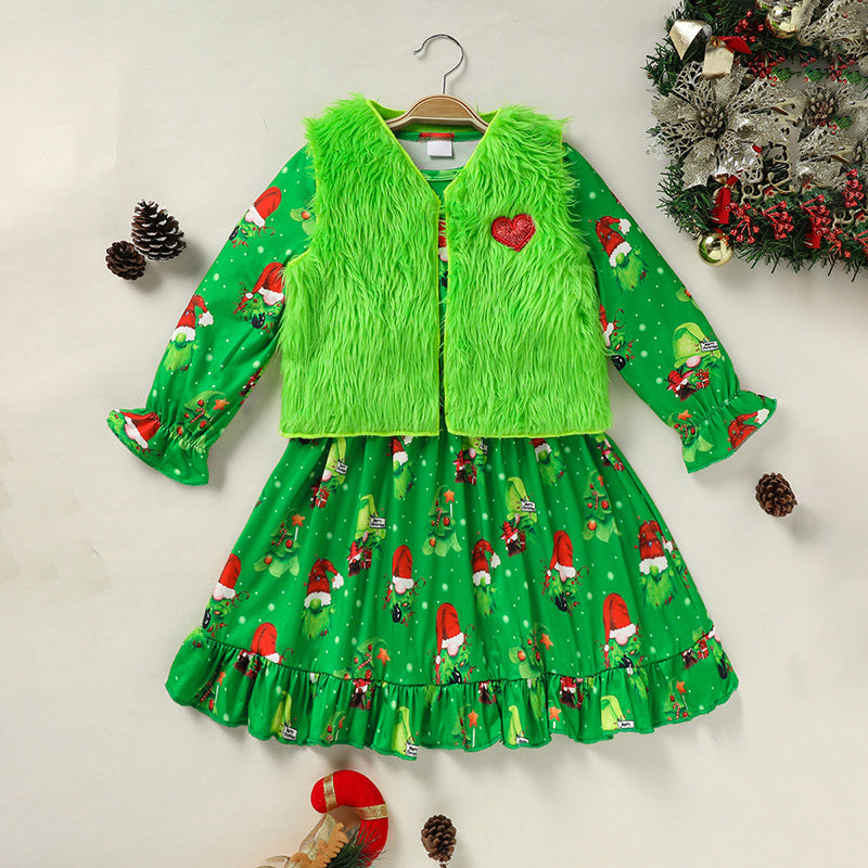 Toddler Kids Baby Girl Christmas Outfits, Long Sleeves Cartoon Prints Party Dress With Heart Print Vest Coat Set