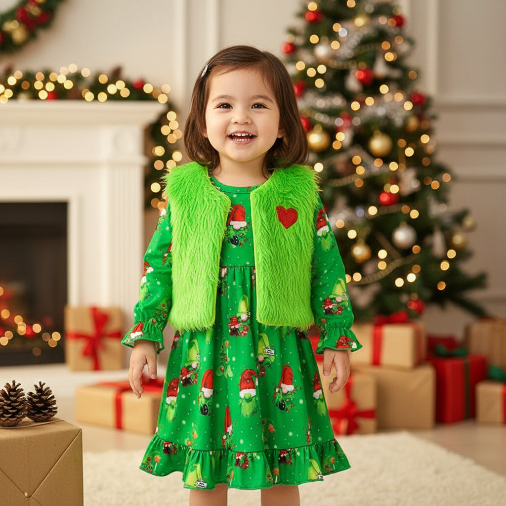 Toddler Kids Baby Girl Christmas Outfits, Long Sleeves Cartoon Prints Party Dress With Heart Print Vest Coat Set