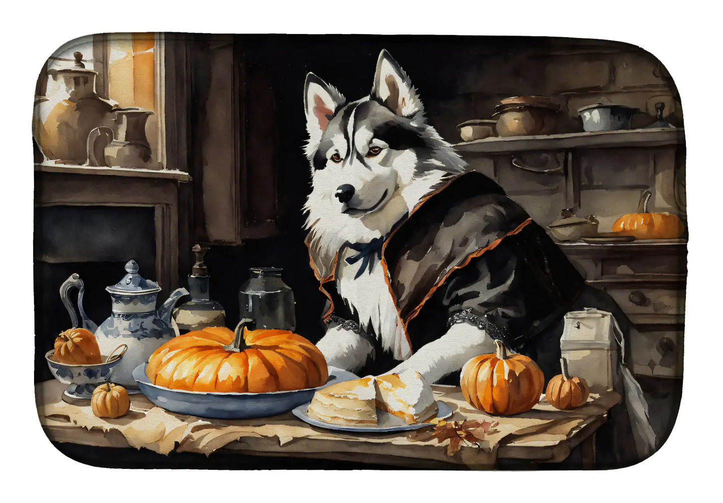 Siberian Husky Fall Kitchen Pumpkins Dish Drying Mat
