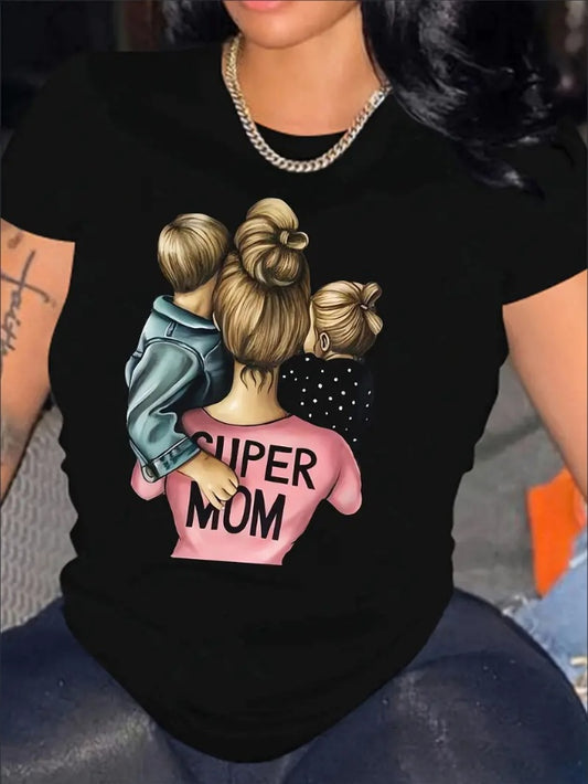 Chic Graphic Print T-Shirt For Women - Casual Crew Neck, Short Sleeve Top With Stretch, Machine Washable