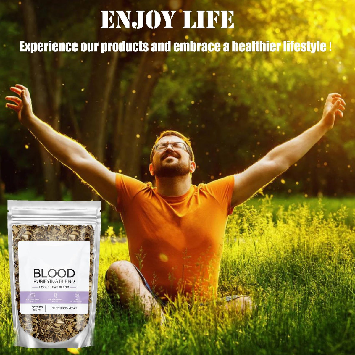 Blood purifying blend loose-leaf tea pouch shown with a person raising arms