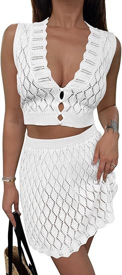 Saodimallsu Women's Two Piece Crochet Swimsuit Cover Ups Sleeveless V Neck Crop Tops Skirt Sets Beach Vacation Outfits