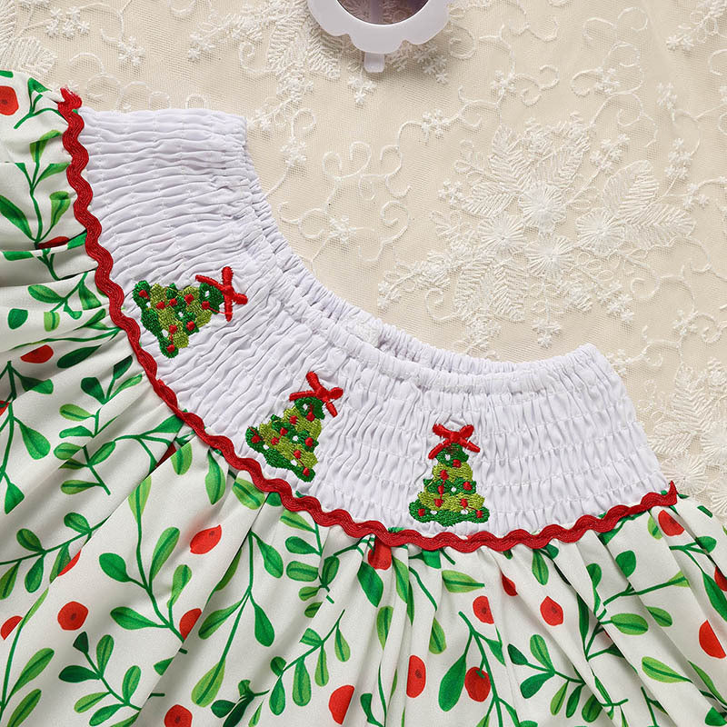 Toddler Infant Baby Girls Short Sleeve Christmas Tree Embroidered Plaid Casual Party Dresses