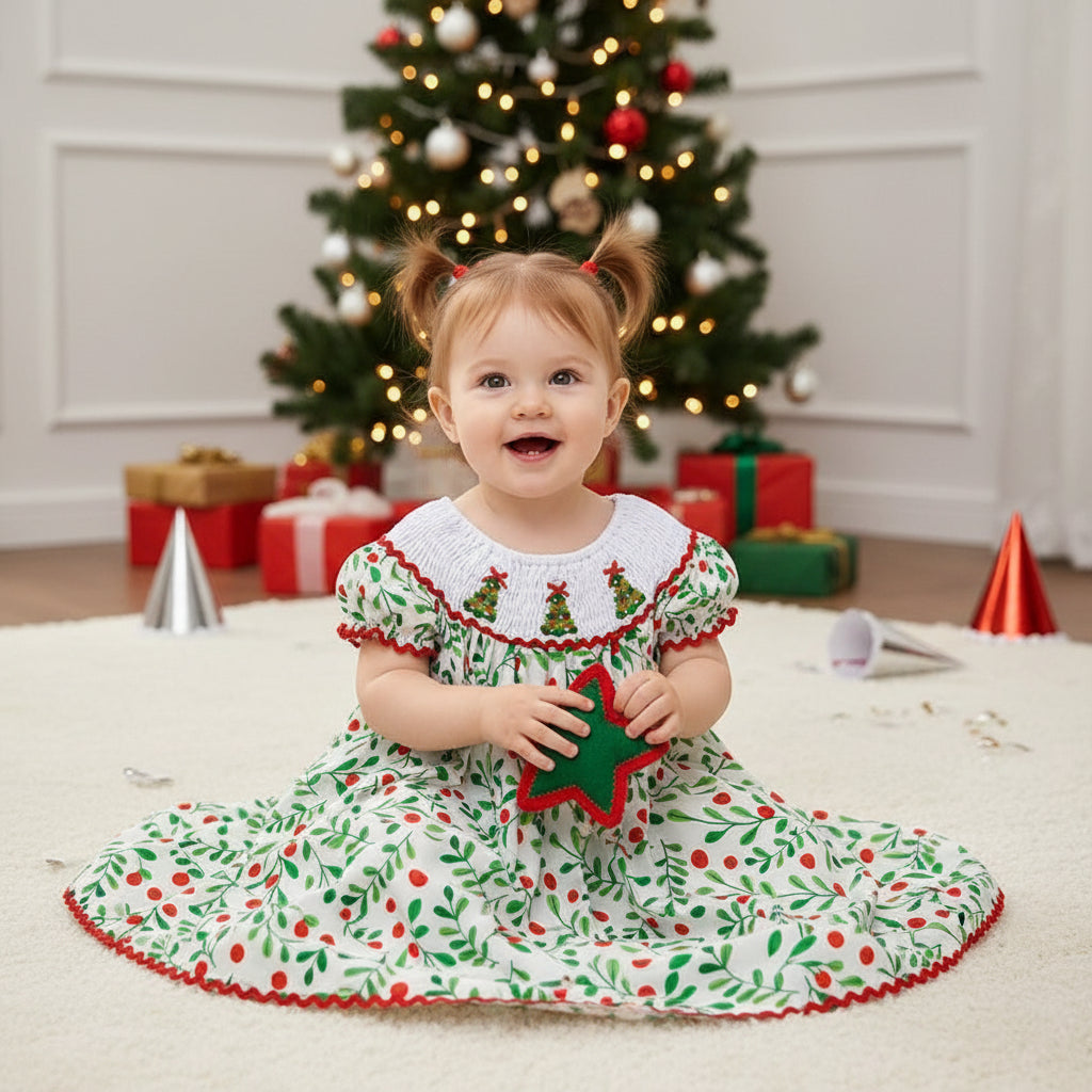 Toddler Infant Baby Girls Short Sleeve Christmas Tree Embroidered Plaid Casual Party Dresses