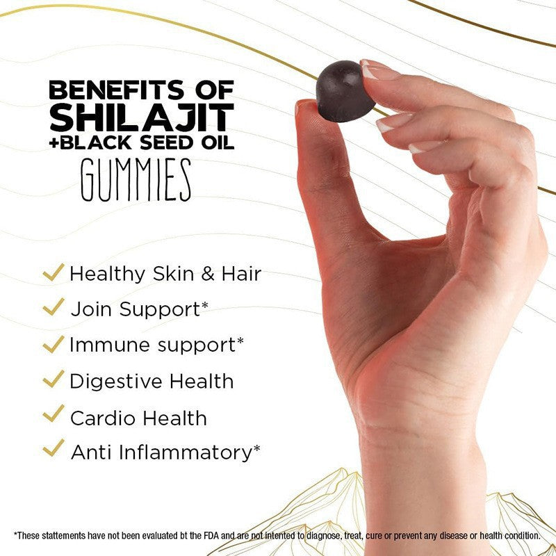 Shilajit + black seed oil gummies benefits text with hand making a heart shape