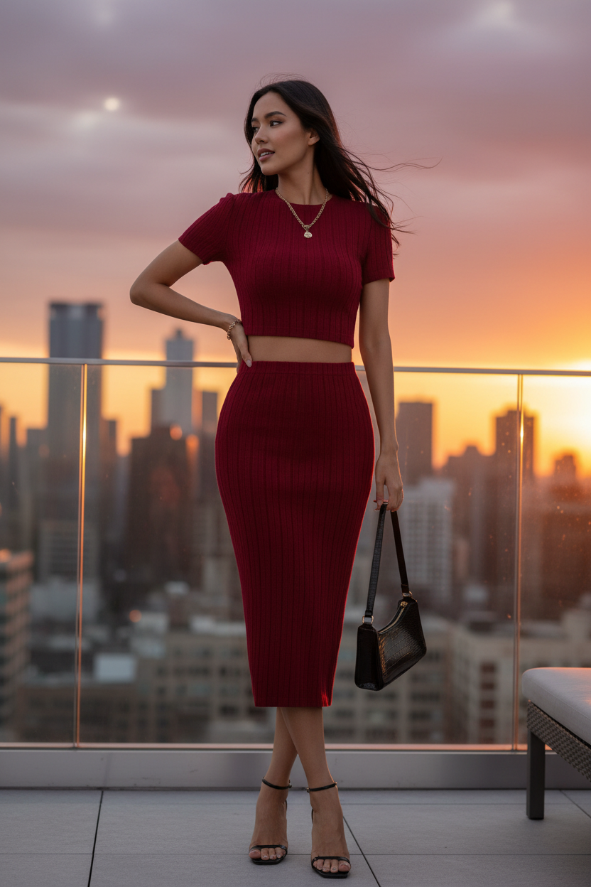 Wine red high-waist slim-fit two-piece suit, fitted crop top and pencil skirt, side view