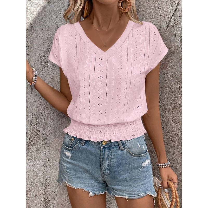 Women Summer Eyelet Top Casual V Neck Short Sleeve Smocked Shirts Loose Tunic Tops Blouses