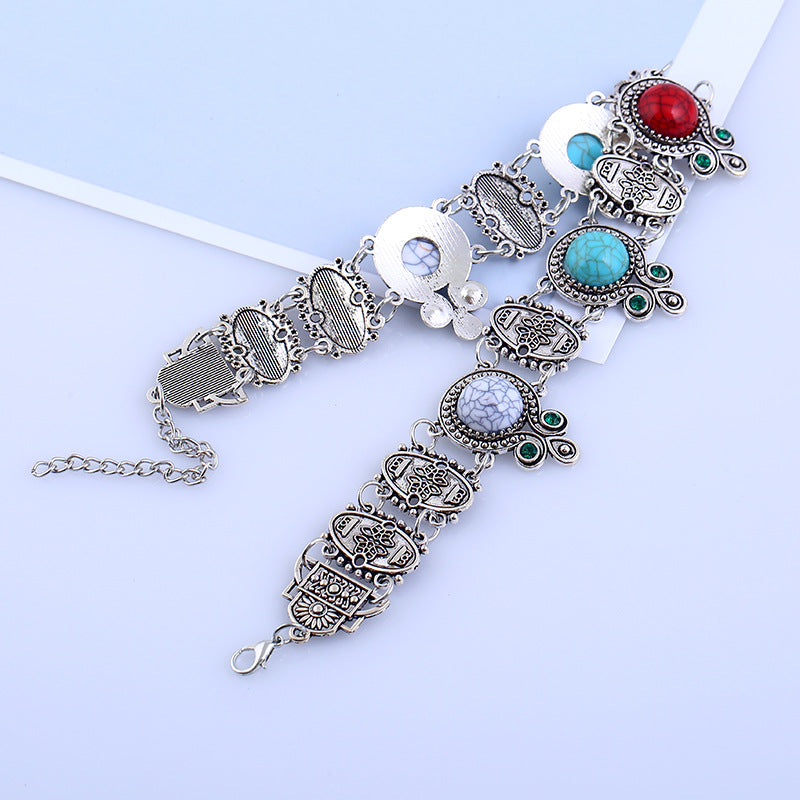 Turquoise gemstone short necklace choker with silver-tone filigree panels and dangling beads