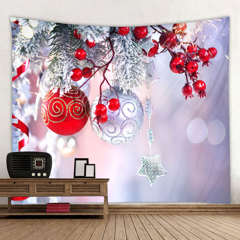 Purple winter Christmas wall tapestry with hanging red baubles, white star and ornament shapes