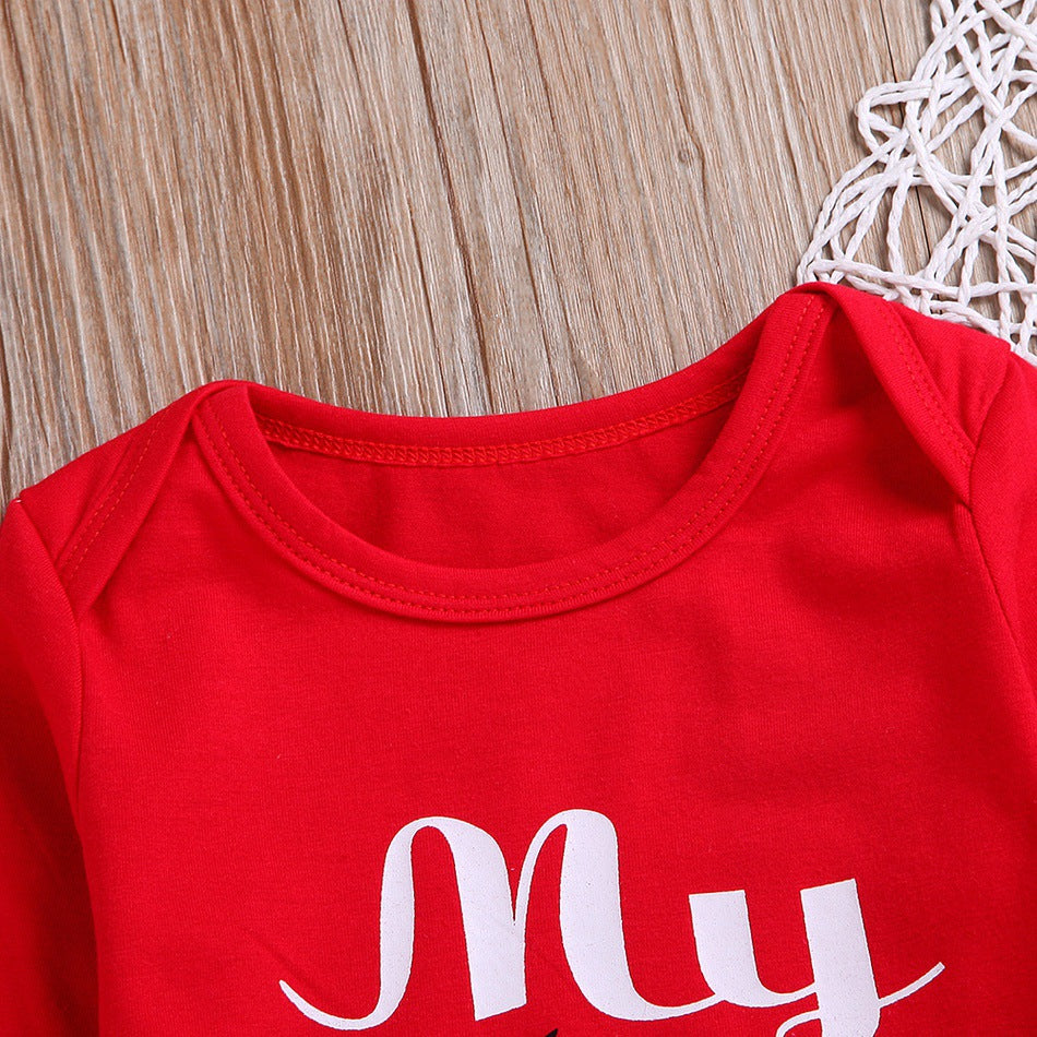 Red long-sleeve baby romper top with 'My' lettering