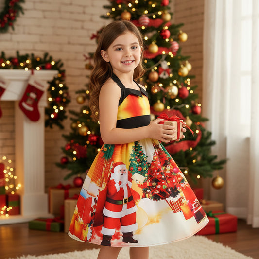kids' Christmas Print Halter Waist Halter neck Dress