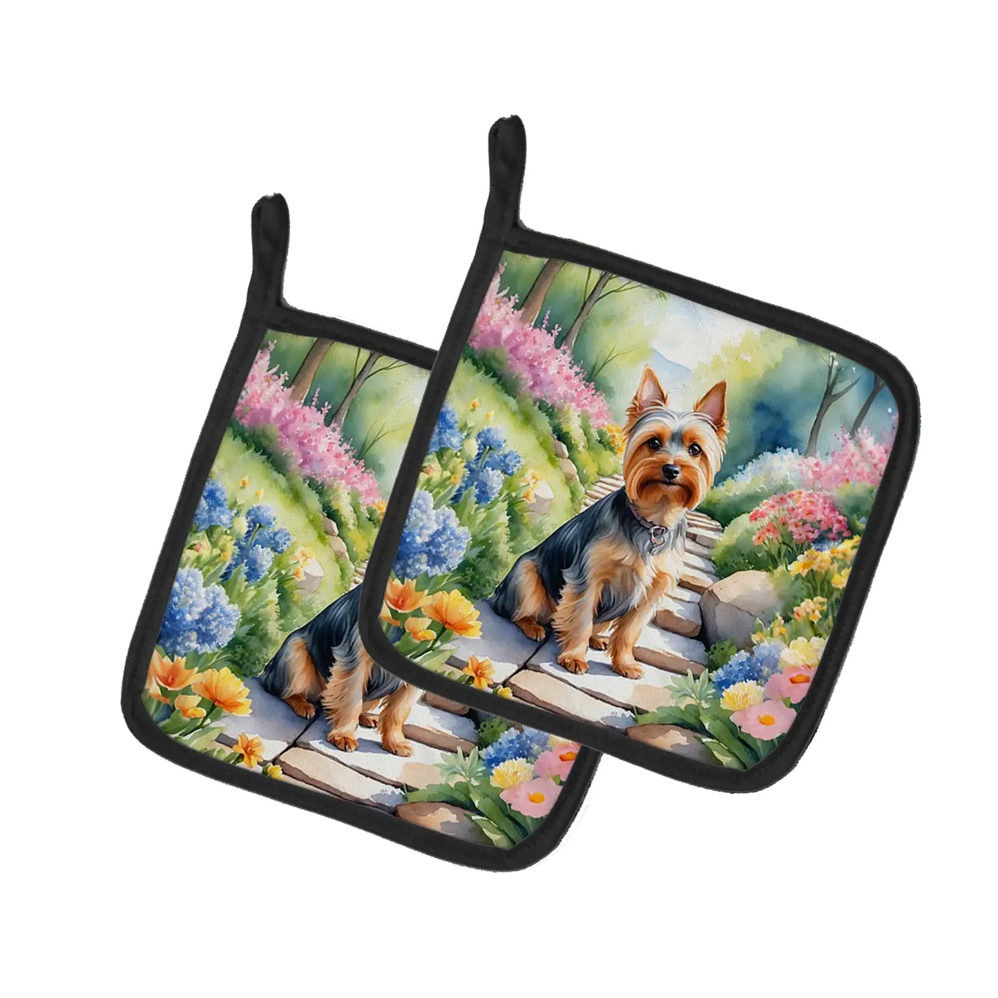 Silky Terrier Spring Path Pair of Pot Holders