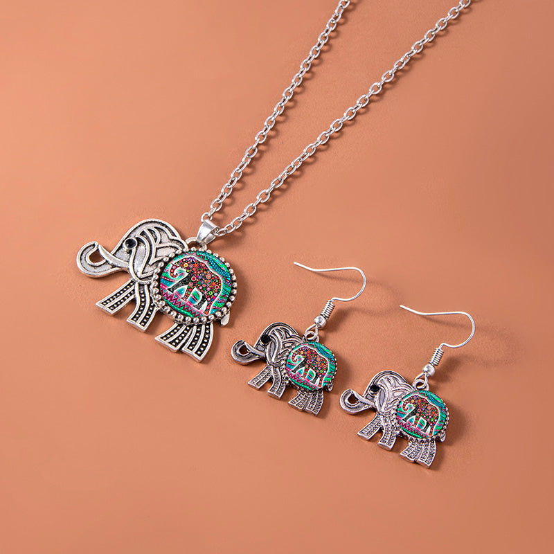 Vintage Silver Elephant Jewelry Set For Women
