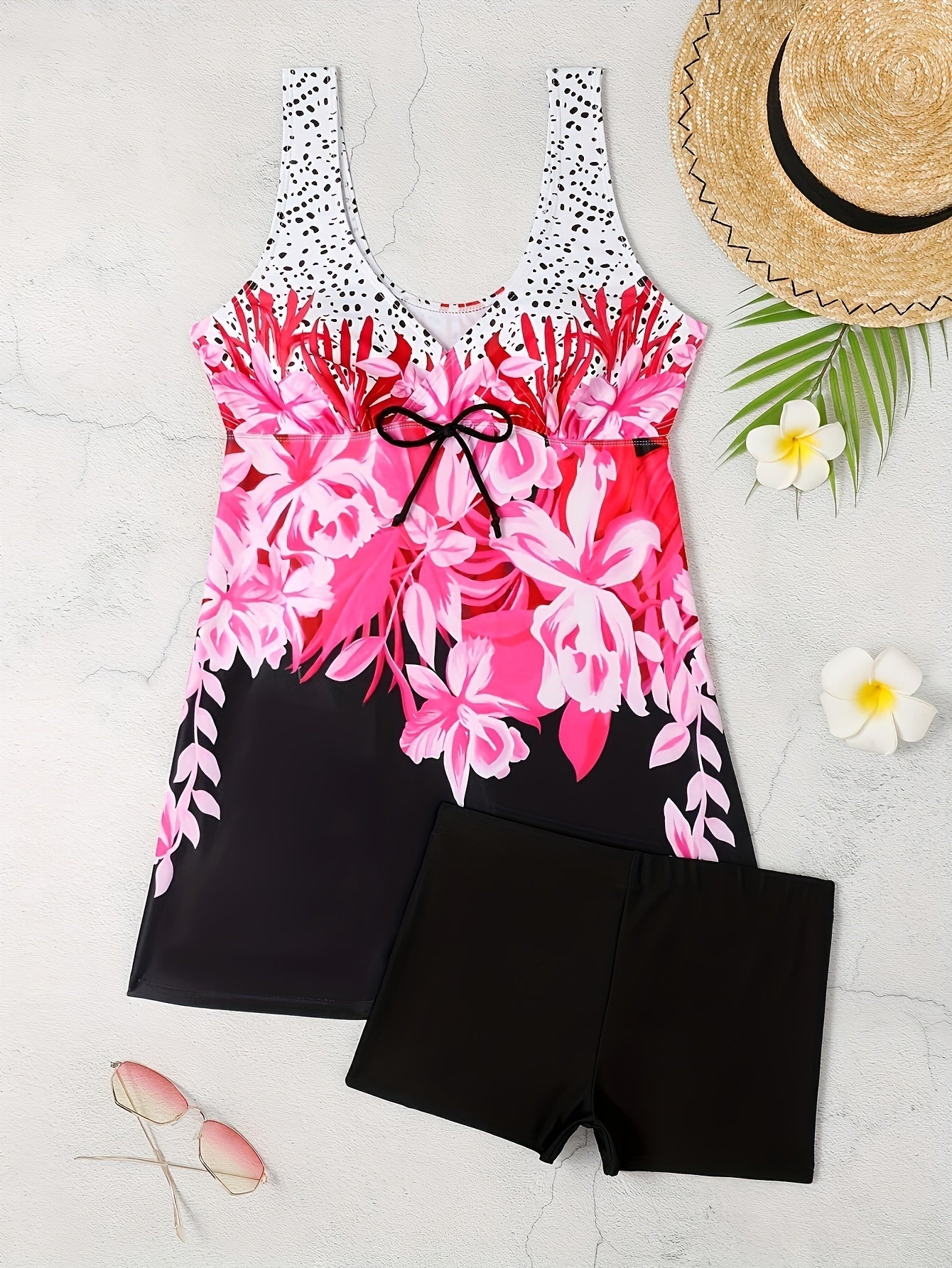 Women's Fashionable Tankini - Floral Print, Bow Pattern Swimsuit Set, Vacation Style.