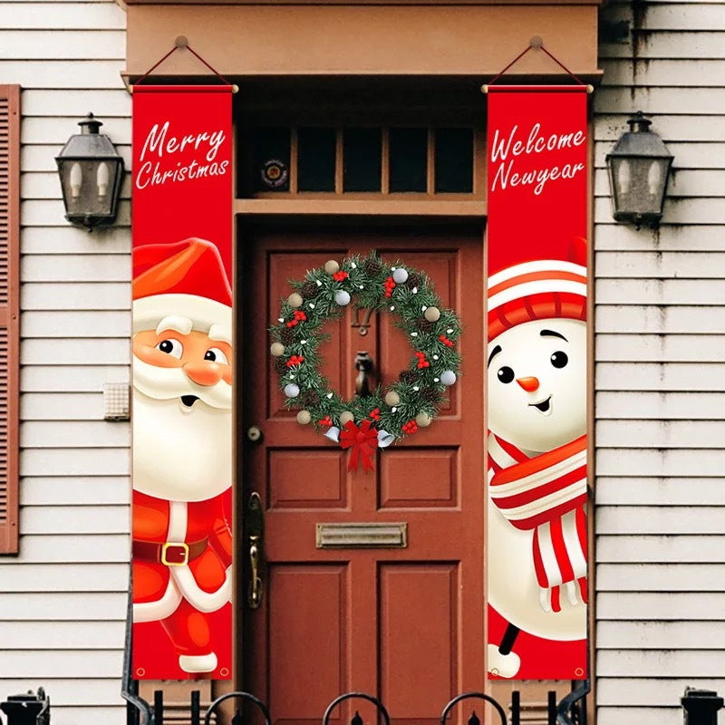 Christmas hanging banner curtain pair: Merry Christmas snowman and Welcome New Year