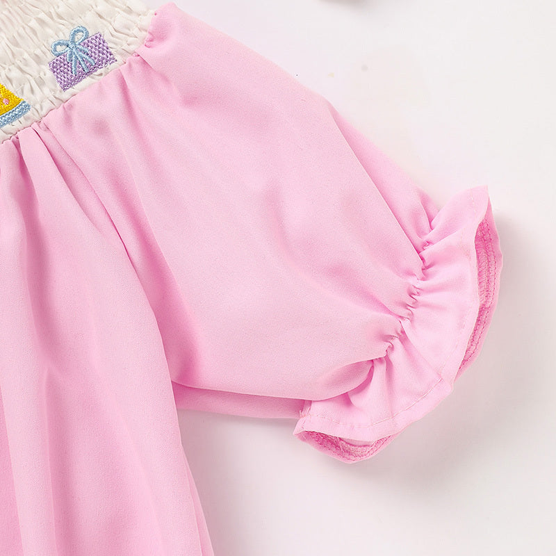 Infant Girls' Cute Birthday Smocked Bubble Romper Short Sleeves Crew Neck Cartoon Embroidery Princess Party Bodysuit