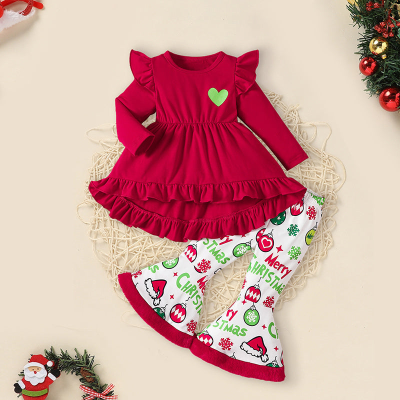 Toddler Baby Girls Christmas Clothes Ruffle Long Sleeve Heart Print Tops Dress Ball Print Flared Pants With Headband Outfits Set