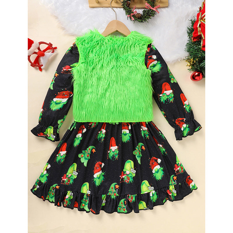 Toddler Kids Baby Girl Christmas Outfits, Long Sleeves Cartoon Prints Party Dress With Heart Print Vest Coat Set