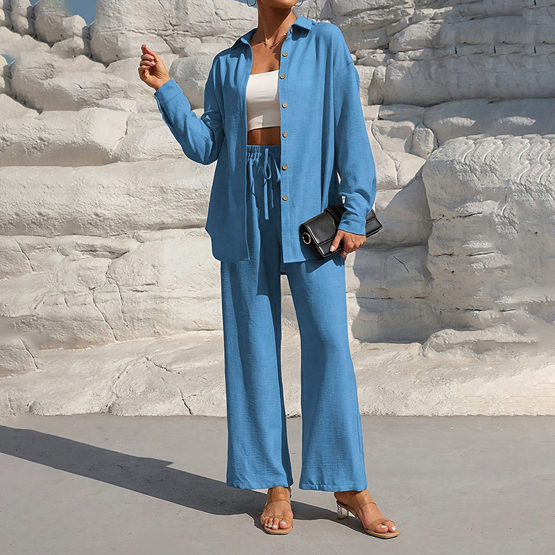 Women's Solid Color Lapel Long Sleeve Pants Set - Button-Up Casual Two-Piece Outfit With Drawstring Waist Lounge Wear