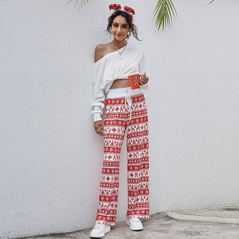 Christmas Pants Women Fashion Casual Drawstring Trousers With Snowflake Tree Elk Print