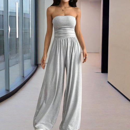Women's Solid Color Strapless Jumpsuit Wide-Leg Palazzo Pants With Pleats Summer Fashion Outfit