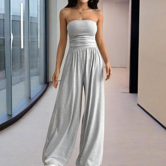 Women's Solid Color Strapless Jumpsuit Wide-Leg Palazzo Pants With Pleats Summer Fashion Outfit