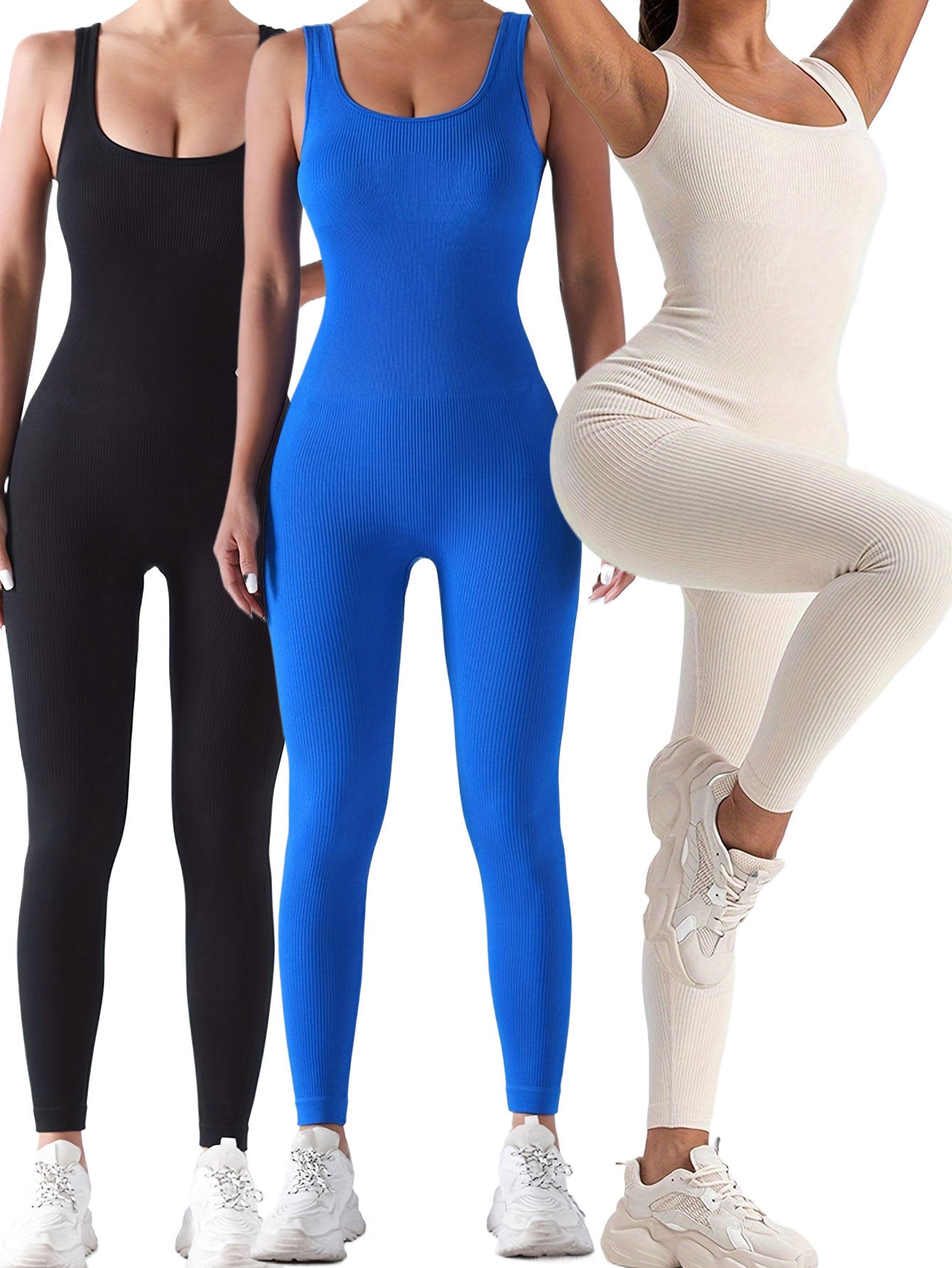 Ribbed sleeveless one-piece jumpsuit set, black blue and cream, full-length slim fit