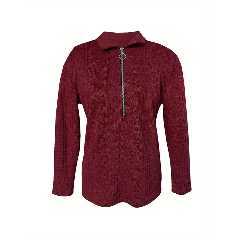 Wine red textured zip-up collared long-sleeve top with quarter zip