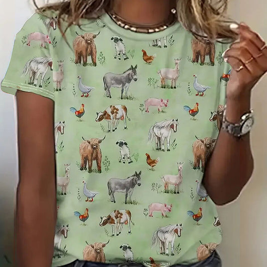 Women's Round Neck All-Over Animal Print Short Sleeve Tee - Cute Summer Casual Top