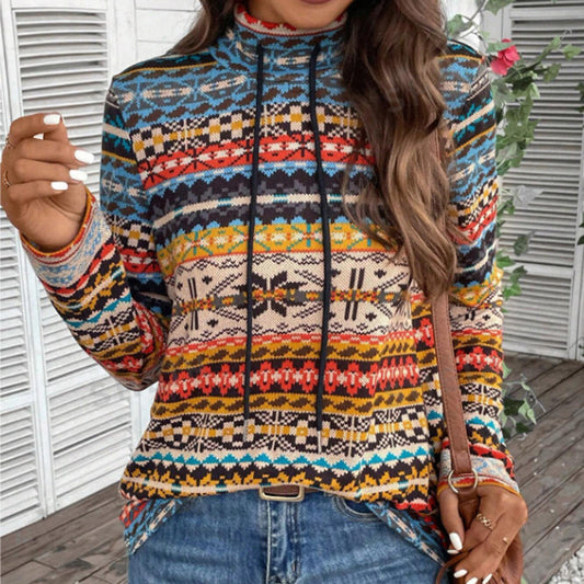 Women's High Neck Geometric Print Long Sleeve Top With Tie Detail - Stylish Casual Blouse