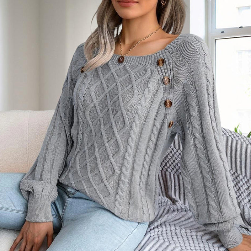 Women's Solid Color Casual Square Neck Button-Detail Knit Top - Textured Ribbed Pattern