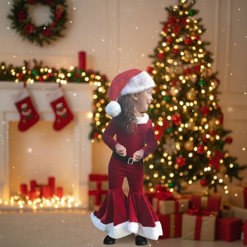 Winter Christmas Long-sleeved Shirt Bell Bottoms Hat Three-piece Children's Clothing