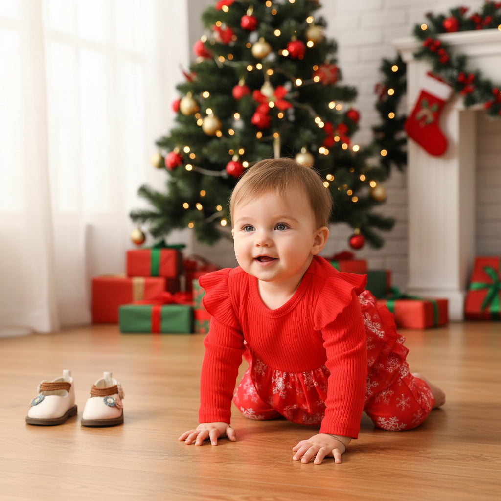 Christmas Crawling Suit Baby Girl Sunken Stripe Long Sleeve Fake Suspenders Romper
