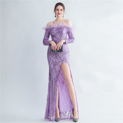 High-density Ostrich Feather Sequins Off-shoulder Long Sleeve Fishtail High-end Evening Dress