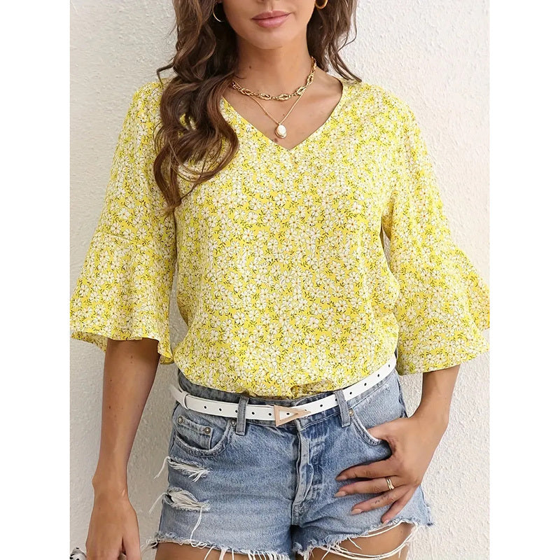 Womens Summer Floral Print Blouses V-Neck Flare Sleeve Tops Dressy Casual T-Shirts