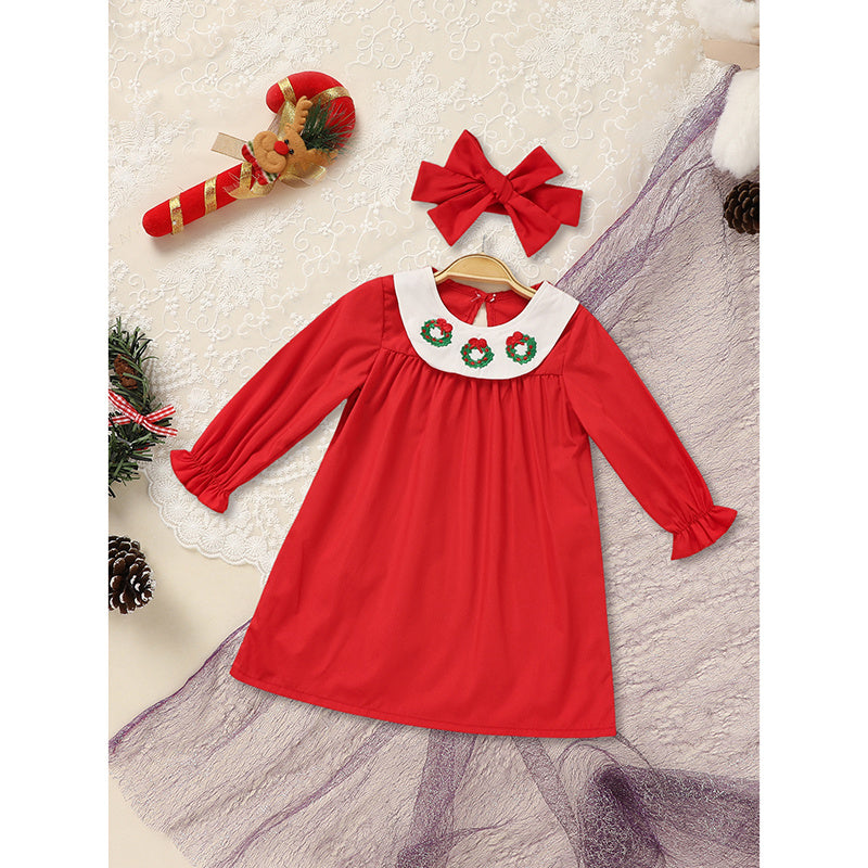 Toddler Kids Baby Girls Christmas Dress Wreath Embroidered Party Dresses With Headband