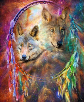 Wolf dream catcher diamond painting: three wolves in a circular hoop with colorful feather fringe