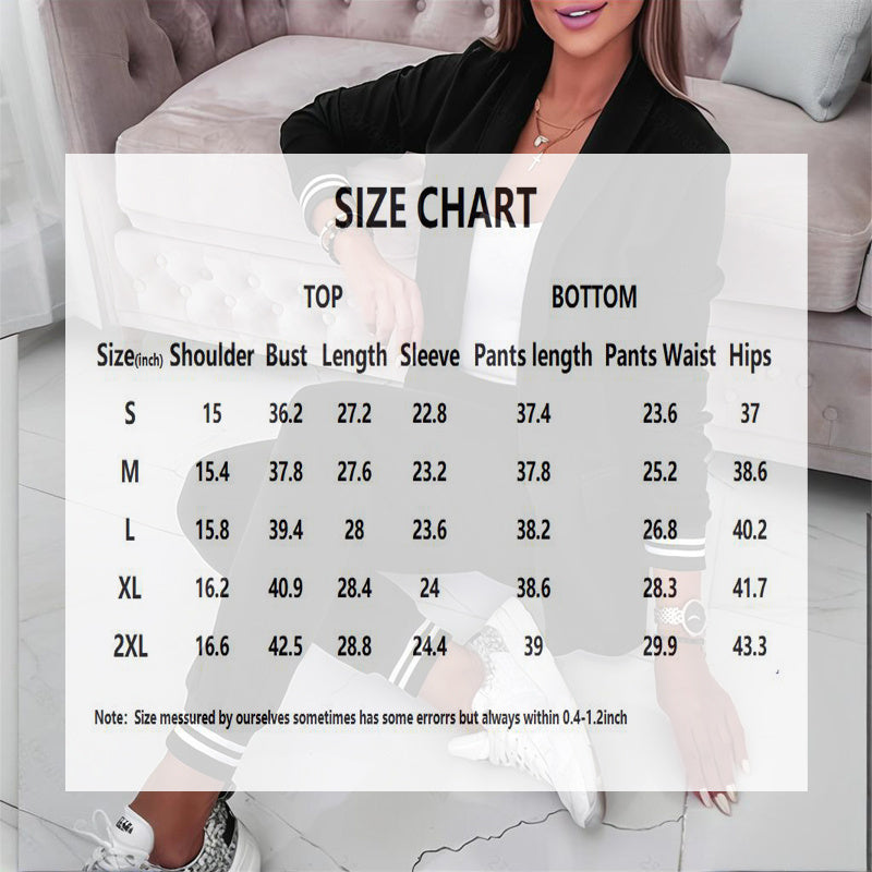 Women's Solid Color Suit Set - Striped Pocket Long Sleeve Blazer & Elastic Waist Trousers Professional Two-Piece Outfit