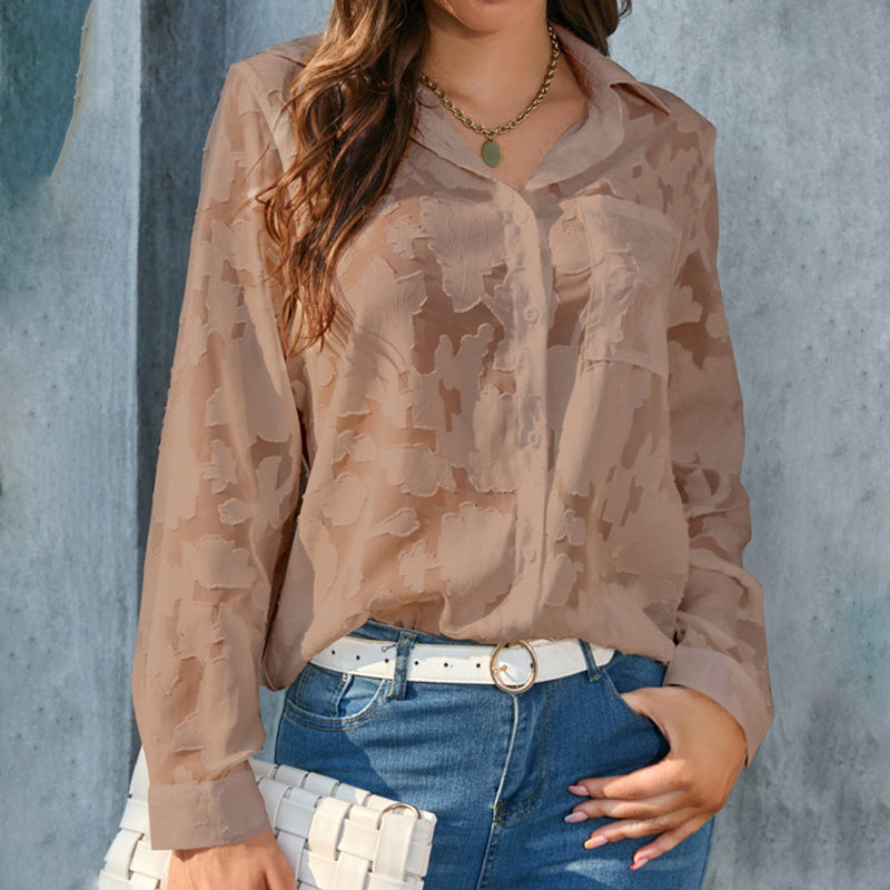 Women's Casual Sheer Button Down Shirts Long Sleeve V Neck Jacquard Blouses Tops
