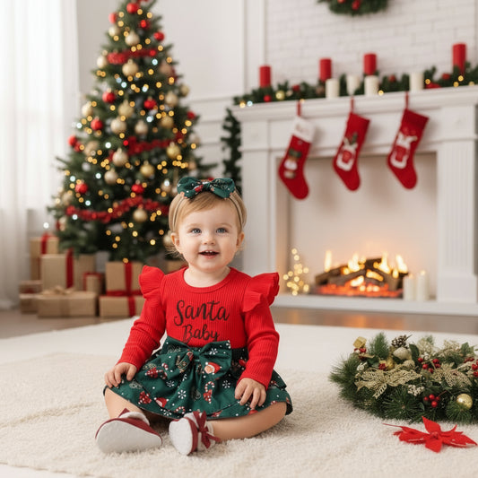 Sunken Stripe Flounced Sleeve Letter Embroidery Santa Claus Printed Dress